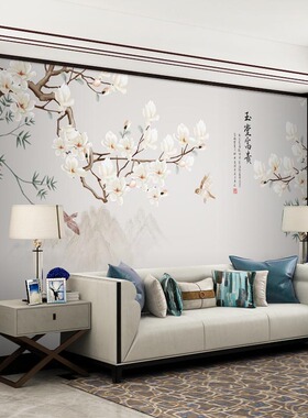 新中式墙纸手绘工笔花鸟壁画电视背景墙装饰画沙发自粘背景墙壁纸