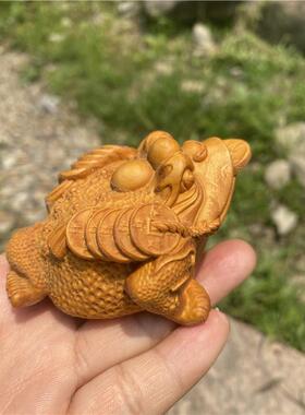 小叶黄杨木雕三足金蟾 实木雕刻金蝉手玩件摆件 金蟾蜍茶玩手把件