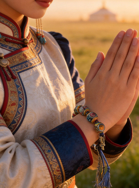 蒙客吉祥八宝925银珐琅手链