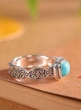 蒙客S925银镶嵌方形松石戒指