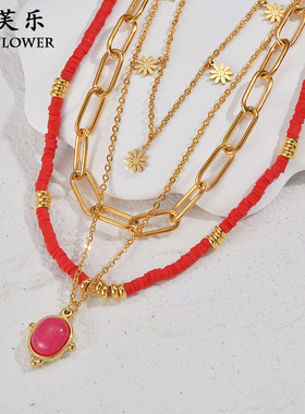 新款民族风红色软陶小花项链女 14K金简约小众级感古风锁情侣骨链