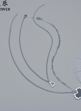 不锈钢双层马赛克黑色爱心像素项链女 小众设计感叠戴吊坠锁骨链