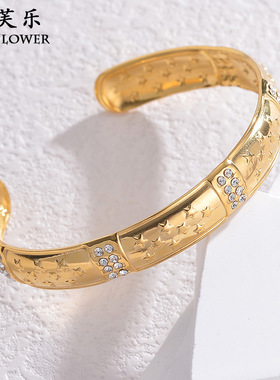 跨境欧美民族风不锈钢开口手镯女轻奢浮雕图案级感学生生日礼饰品