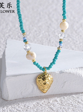 跨境爆款蓝色串珠拼接珍珠项链女钛钢吊坠小众锁骨链百搭优雅饰品