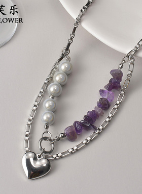 跨境新品情侣钛钢爱心项链不掉色女百搭紫色碎石女士锁骨链级感