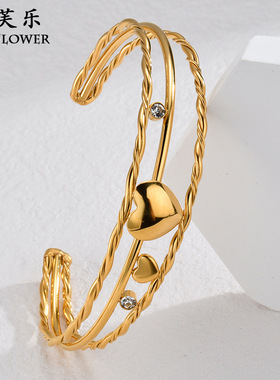 欧美复古风简约爱心三层开口手镯个性创意金属级感手饰时尚百搭