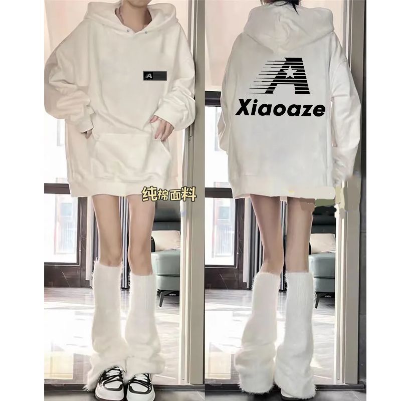 花灰色加绒加厚连帽卫衣男女秋冬款百搭印花帽衫港风潮流情侣外套 - 图1