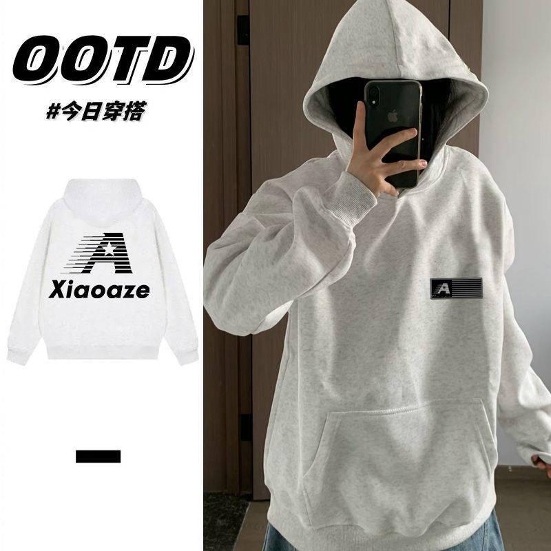 花灰色加绒加厚连帽卫衣男女秋冬款百搭印花帽衫港风潮流情侣外套 - 图0