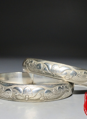 古玩银镯子一对民族风手工雕刻双鱼手镯福寿镯子手环旧货老物件