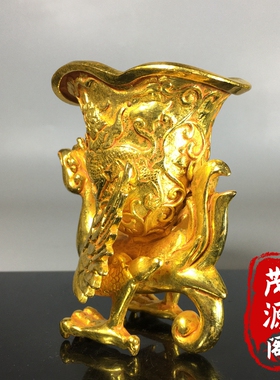 民间收藏旧货鎏金凤鸟酒杯古代老式酒杯复古铜酒具仿古老物件摆件