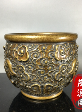 乡下回流老物件宣德双龙招财缸古玩纯黄铜招财貔貅铜器摆件聚宝盆