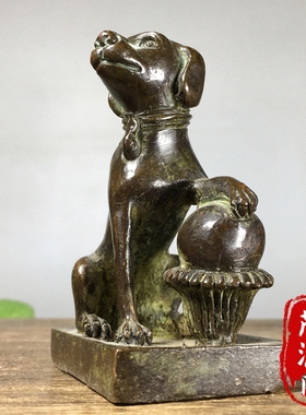 古玩包浆纯铜十二生肖旺财狗印章摆件招财进宝书房办公室桌面镇尺