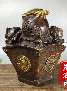 古玩铜器纯铜鎏金八方来财螃蟹聚宝盆富足斗镇宅招财风水摆件收藏