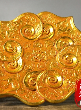 古玩纯铜鎏金浮雕麒麟凤凰盘子碟子大唐贞观花纹茶托盘摆件收藏
