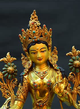 上行道铜摆件中式书房手工绿度母