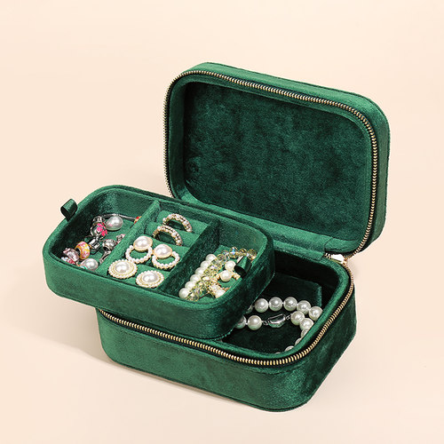 金蚂蚁便携丝绒首饰盒拉链小型复古轻奢项链手饰品耳钉戒指收纳盒 - 图3