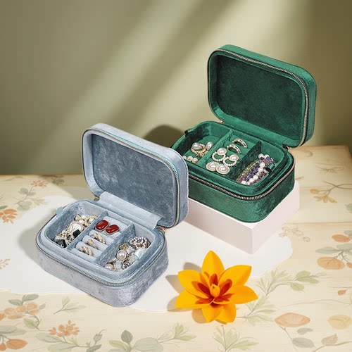 金蚂蚁便携丝绒首饰盒拉链小型复古轻奢项链手饰品耳钉戒指收纳盒 - 图0