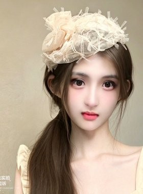 原创夏季仙女白色网纱蝴蝶结小帽子发箍宽边发卡荷叶边发饰韩版女