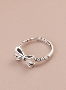 s925纯银复古蝴蝶结开口戒指女ins轻奢个性做旧百搭食指活口指环
