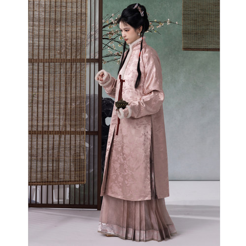 【上遥居】冷香 明原创汉服女秋冬款粉色白色立领加绒长袄 - 图3