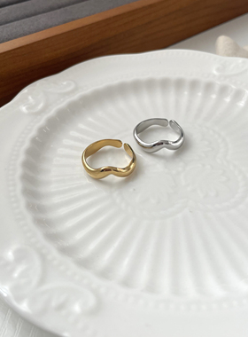 钛钢不掉色复古波浪开口戒指小众设计简约ins潮镀18K金色几何指环