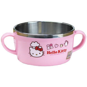 乐扣乐扣儿童餐具hellokitty不锈钢碗带手柄双层防烫可爱卡通面碗