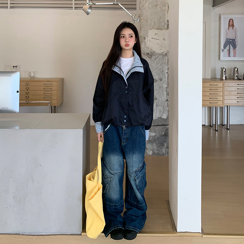 橘子树在哪儿美式复古蓝工装牛仔裤女秋季小众大口袋宽松直筒长裤,淘宝优惠券,粉丝福利购,淘宝优惠卷