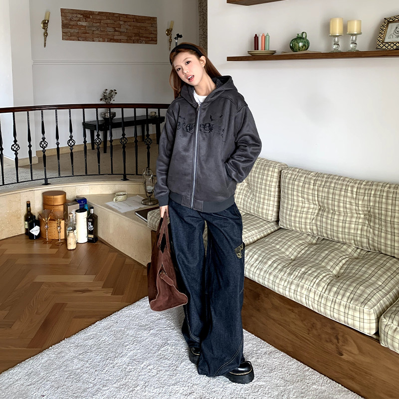 橘子树在哪儿设计感豹纹拼接牛仔裤女春秋美式复古宽松阔腿弯刀裤,淘宝优惠券,粉丝福利购,淘宝优惠卷