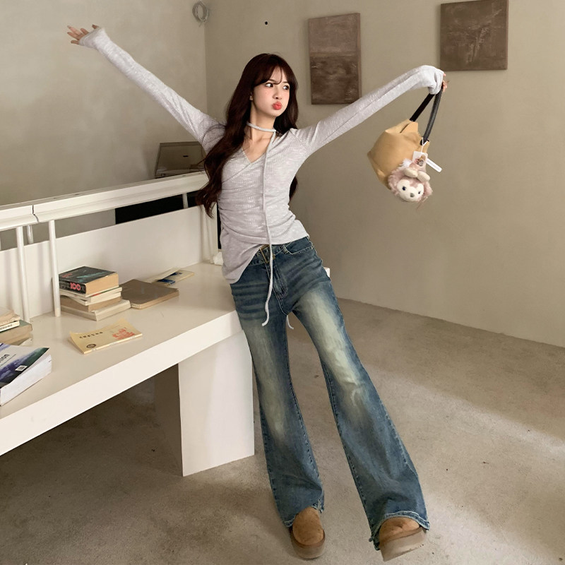 橘子树在哪儿配腰带弹力微喇牛仔裤女秋复古高腰显瘦设计感喇叭裤,淘宝优惠券,粉丝福利购,淘宝优惠卷