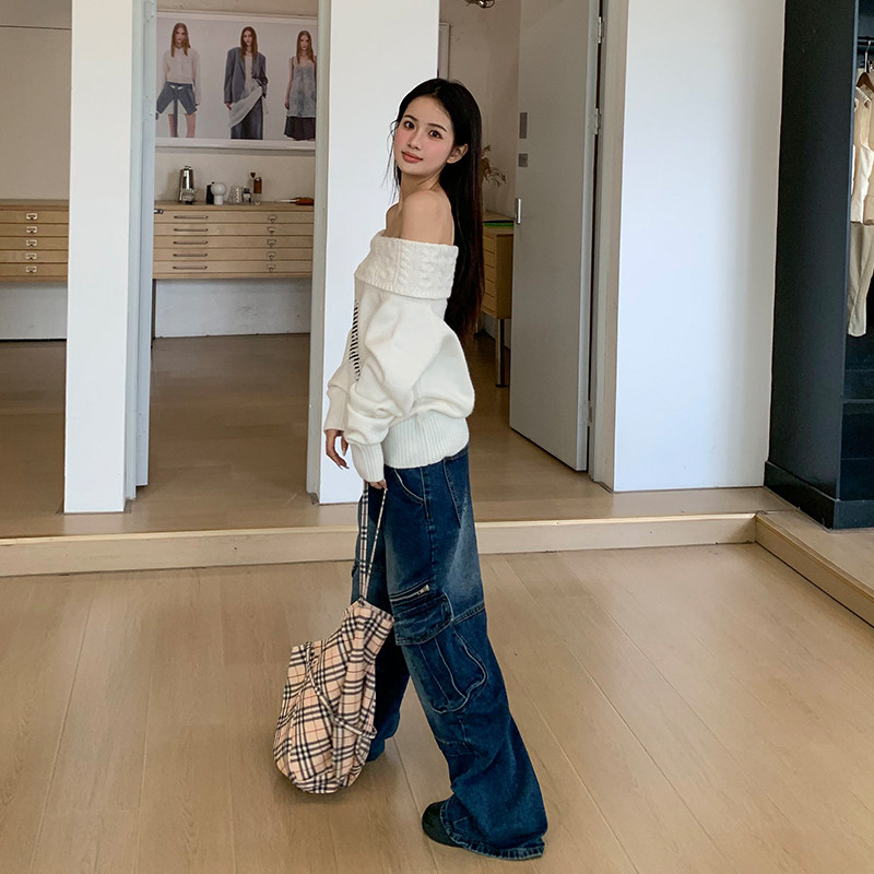 橘子树在哪儿美式复古蓝工装牛仔裤女秋季小众大口袋宽松直筒长裤,淘宝优惠券,粉丝福利购,淘宝优惠卷