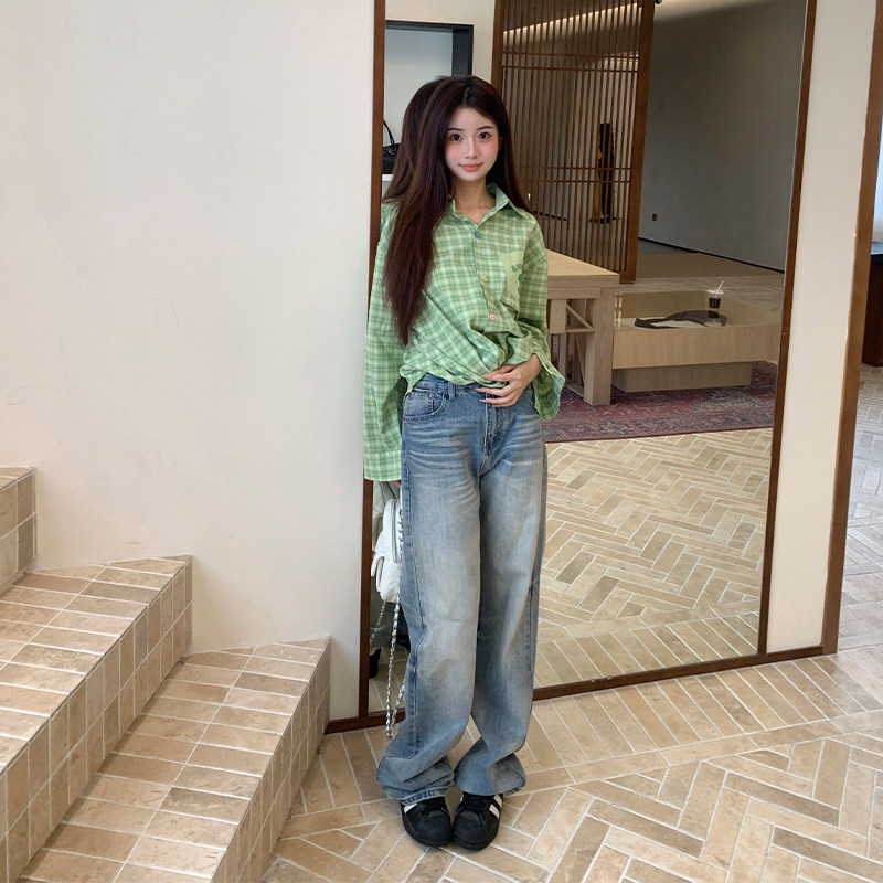 橘子树在哪儿美式复古蓝色牛仔裤女秋季垂感直筒显瘦休闲百搭裤子,淘宝优惠券,粉丝福利购,淘宝优惠卷