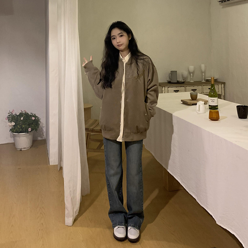 橘子树在哪儿美式高街刺绣字母飞行服外套女春秋宽松情侣百搭夹克