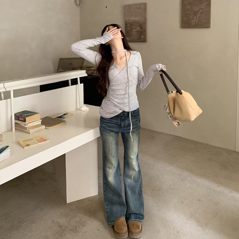 橘子树在哪儿配腰带弹力微喇牛仔裤女秋复古高腰显瘦设计感喇叭裤,淘宝优惠券,粉丝福利购,淘宝优惠卷