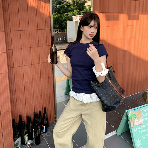 橘子树在哪儿正肩短袖t恤女春夏设计感收腰显瘦修身弹力百搭上衣 - 图3