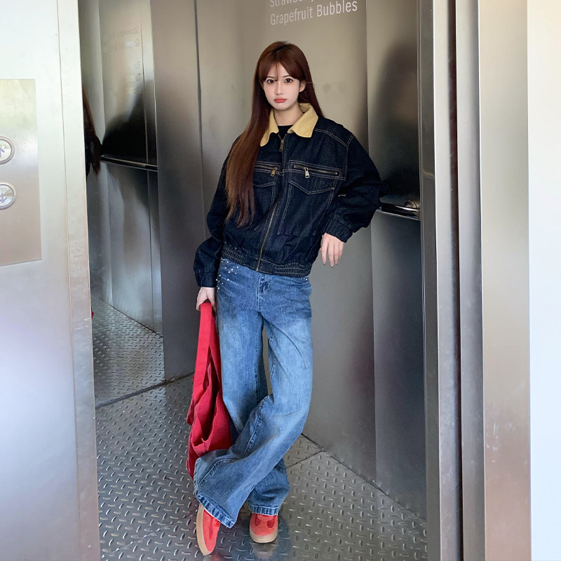 橘子树在哪儿复古水洗蓝色柳钉牛仔裤女春季设计感直筒显瘦长裤子,淘宝优惠券,粉丝福利购,淘宝优惠卷