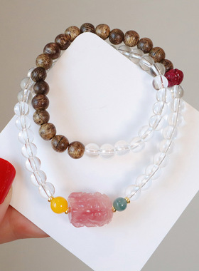 天然沉香手链女盐源凤九朱砂莲花复古国风双圈手串手饰品