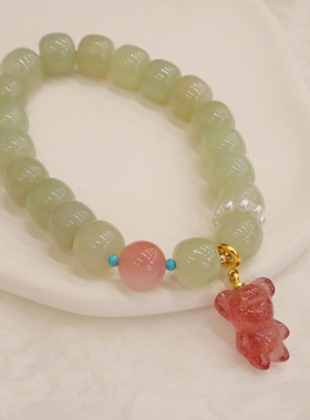 天然和田玉手串晴水老型珠搭配盐源玛瑙草莓晶小熊ins风手链