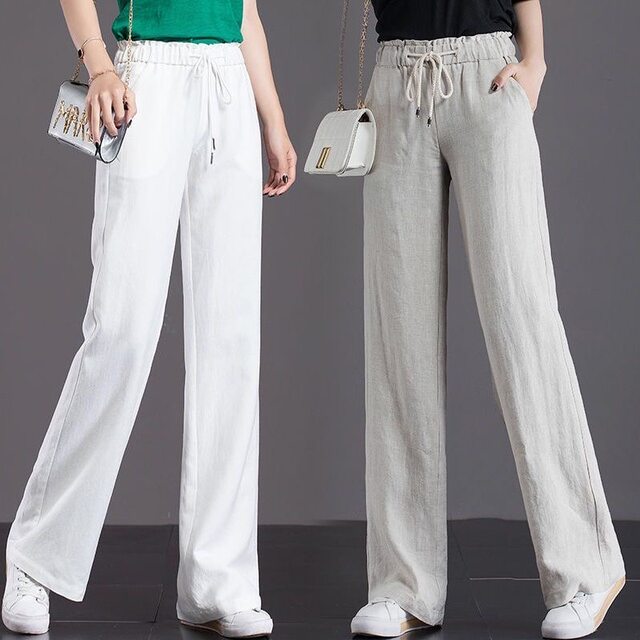 Summer thin pure cotton and linen trousers, wide-leg trousers, women's large size fat MM casual pants, slim straight-leg loose trousers, black