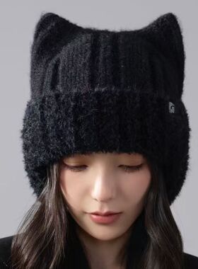 可爱猫耳帽子女款秋冬季耳包护耳保暖包头帽显脸小百搭针织毛线帽