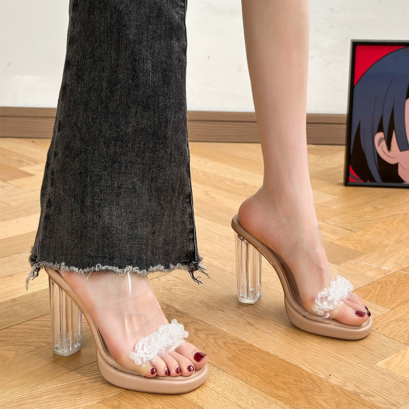 透明高跟凉鞋女夏季女鞋法式水晶粗跟小众高级感水钻凉拖鞋女外穿 - 图3