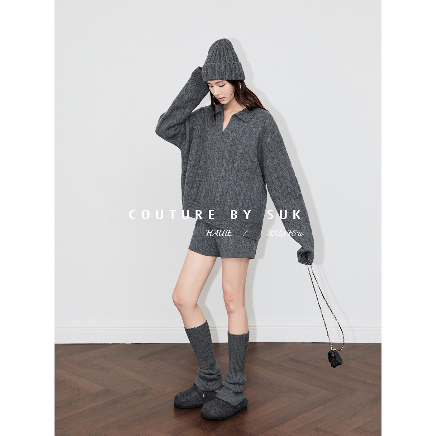 SUK 满分慵懒！秋冬绞花V领慵懒时尚百搭针织长袖短裤两件套新款,淘宝优惠券,粉丝福利购,淘宝优惠卷