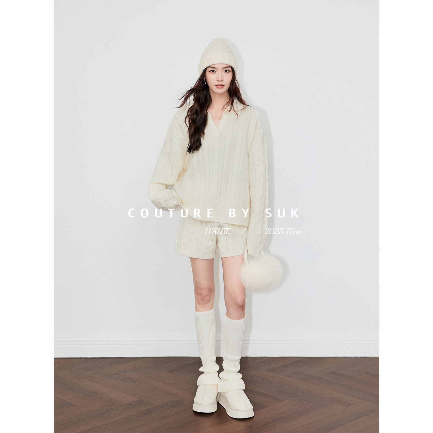 SUK 满分慵懒！秋冬绞花V领慵懒时尚百搭针织长袖短裤两件套新款,淘宝优惠券,粉丝福利购,淘宝优惠卷