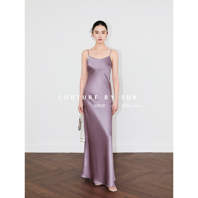 SUK 及简魅力！法式轻奢醋酸缎面百搭吊带长款连衣裙女轻奢高档