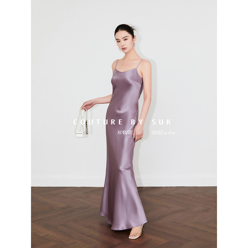 SUK 及简魅力！法式轻奢醋酸缎面百搭吊带长款连衣裙女轻奢高档
