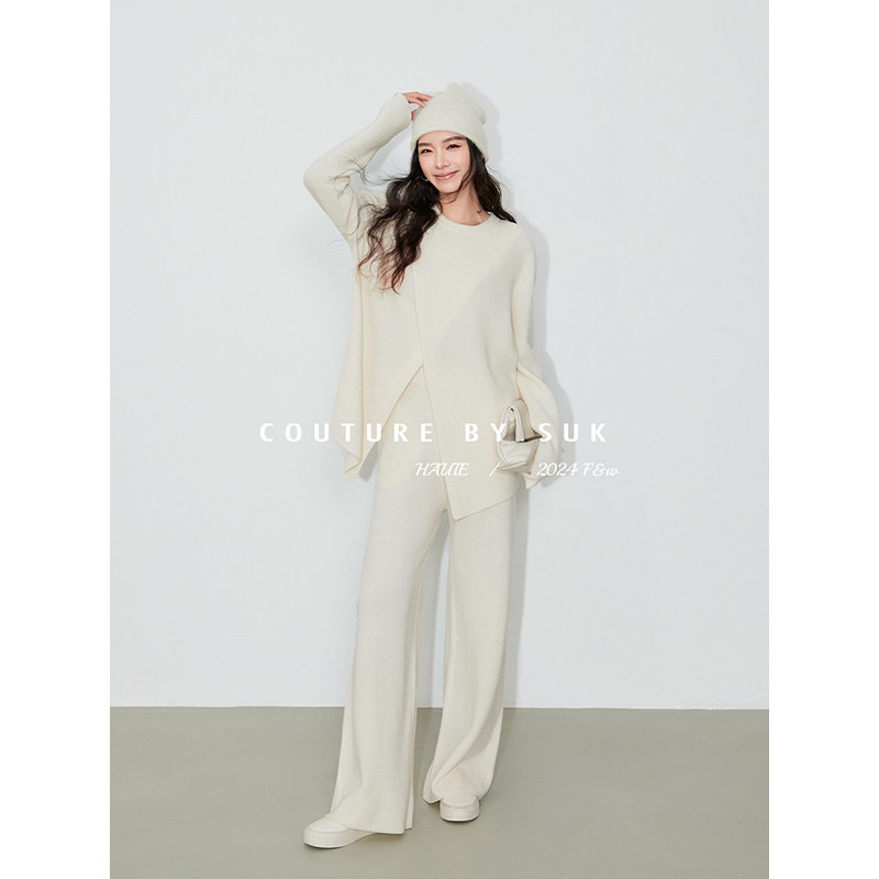 SUK 解构针织！秋冬设计感叠片门襟羊毛针织上衣阔腿裤时尚套装女,淘宝优惠券,粉丝福利购,淘宝优惠卷