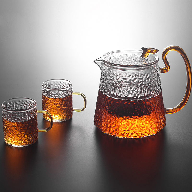 日式锤目纹玻璃茶壶套装镶锡梅花泡茶壶带内胆过滤水壶花茶壶