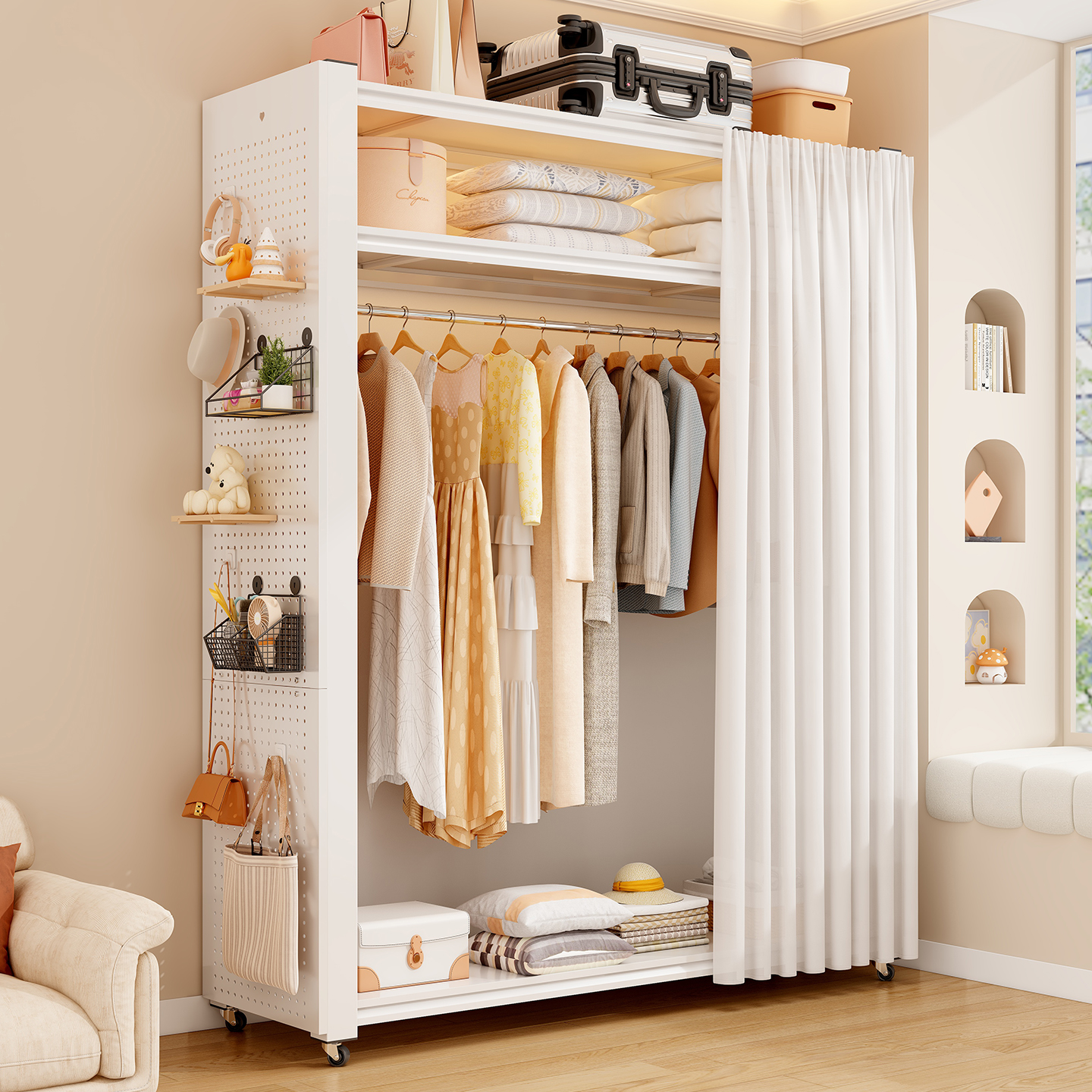 洞洞板衣柜家用卧室多功能货架简易组装出租房用开放式金属置物架 - 图0