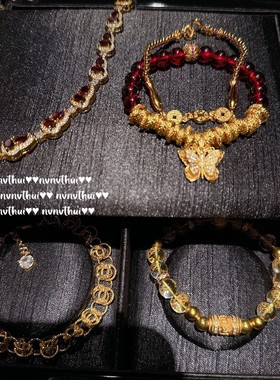 古法金色锤揲盘缠蝴蝶红玛瑙手链女新中式 安卡拉葫芦福禄锆石
