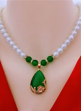 新款金色玫瑰绿水滴珍珠项链