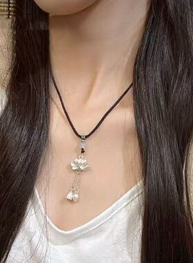 银色莲花流苏项链3343